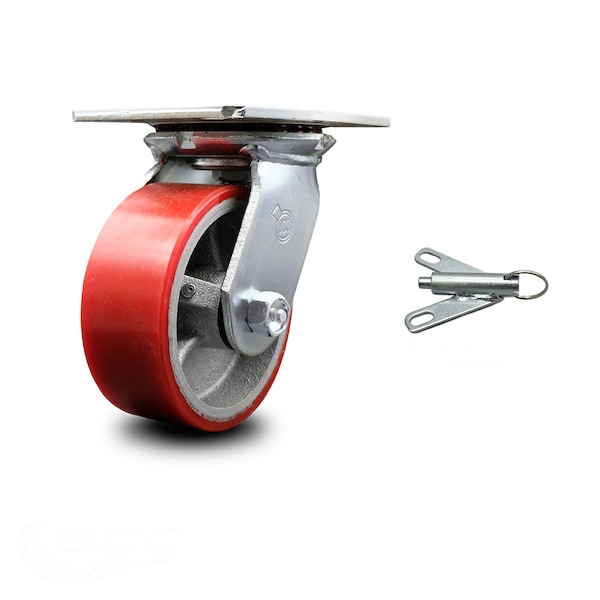 5 Inch Red Poly on Cast Iron Caster with Ball Bearing and Swivel Lock SCC